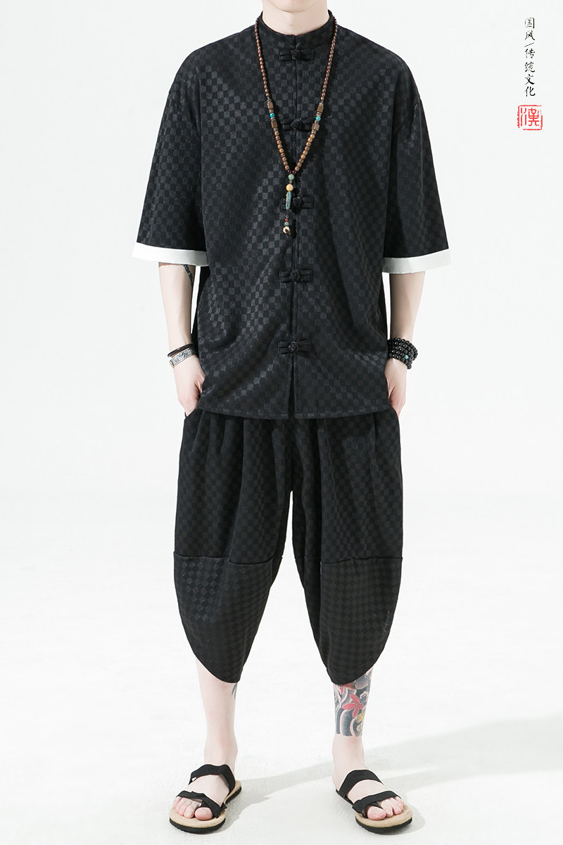 2023风夏BV绿方格提花冰丝垂感短袖汉服套装A9002-p95,男装休闲套装,钱塘7008(原4008)