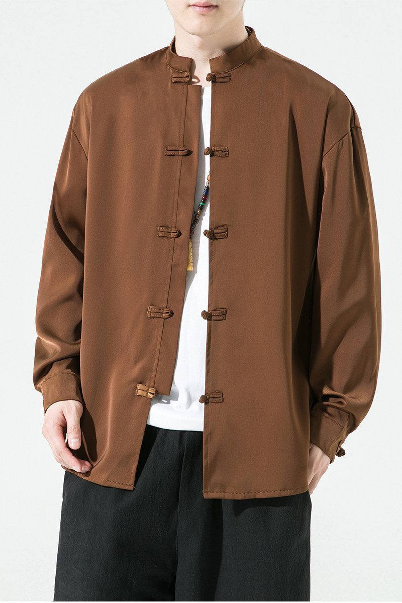 风2026春百搭白色亮面缎纹唐装汉服长袖衬衫A7100*P68,男装衬衫,钱塘7008(原4008)