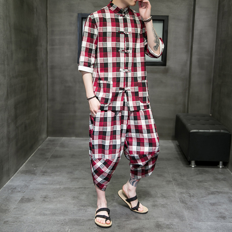 A3025*大码新品2021中国风棉麻格子开衫套装汉服套装p95,男装休闲套装,钱塘7008(原4008)