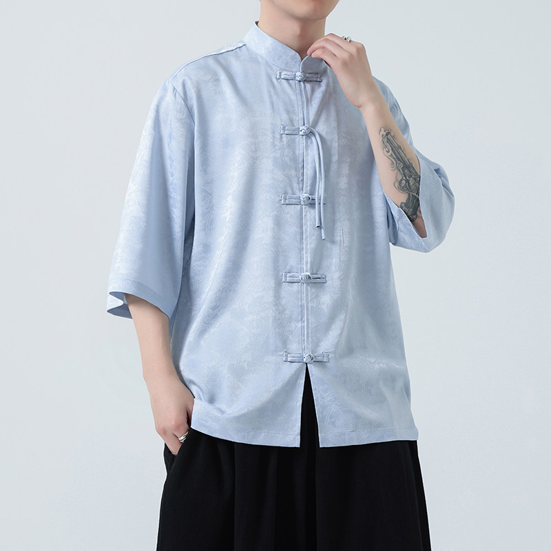 风冰丝面料夏季2026新中式短袖汉服/唐装衬衫A627*p65,男装T恤,钱塘7008(原4008)