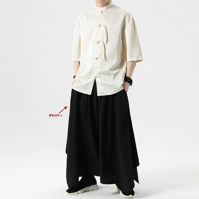 过年大红冰丝竹子夏风2026盘扣短袖汉服衬衫A890-p65,男装T恤,钱塘7008(原4008)
