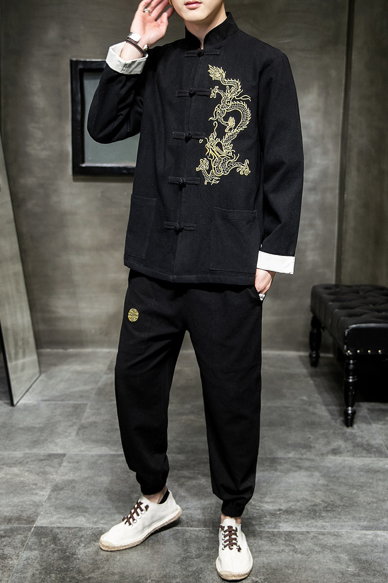 A1007风Q秋冬大码2021刺绣棉麻盘扣/汉服套装,男装民族服装,钱塘7008(原4008)