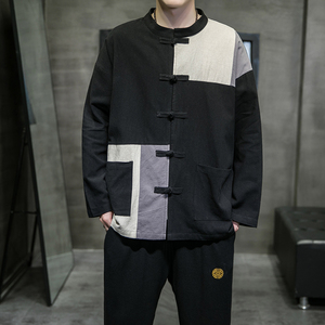 A6010*大码2021中国风 乞丐服 贴布撞色 棉麻男长袖衬衫p70图片