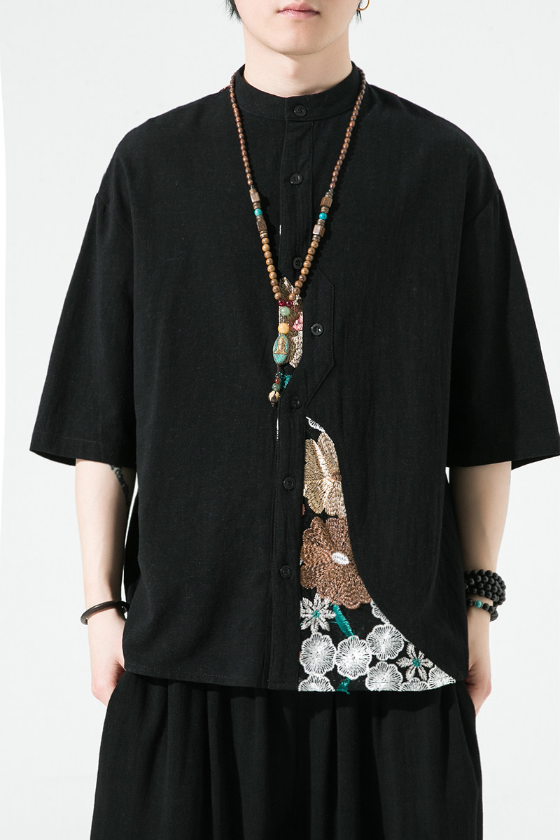 夏2026新中式拼花棉麻风汉服短袖衬衫/衬衣A866-p65,男装T恤,钱塘7008(原4008)