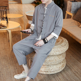 A718*大码2021中国风棉麻盘扣七分袖T汉服套装p100，男装休闲套装，钱塘7008(原4008)