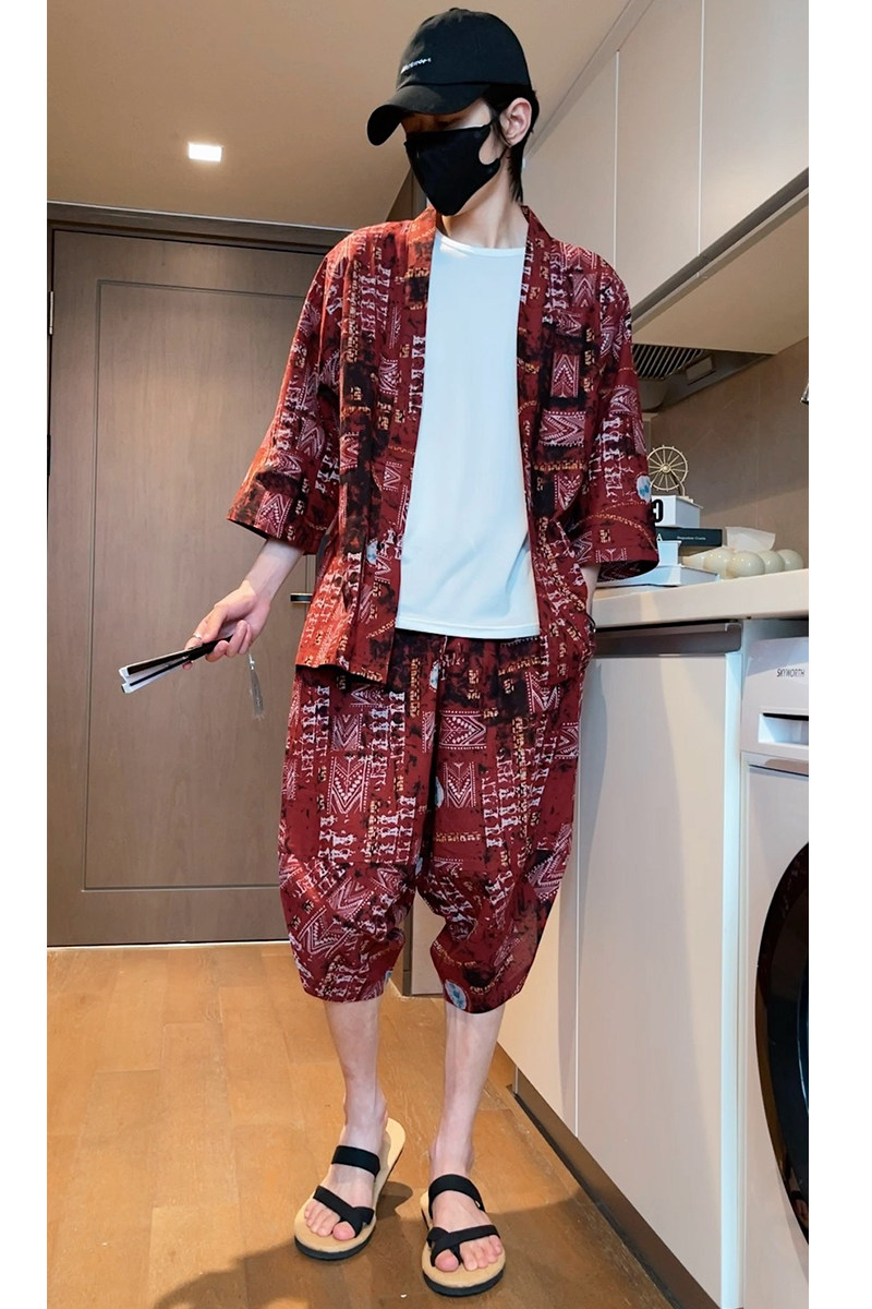 特价风夏2026沙滩休闲棉麻印花开衫套装A3004-p70,男装休闲套装,钱塘7008(原4008)