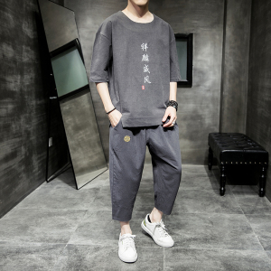 A722*2021夏季 麒麟刺绣棉麻 T恤+七分裤套装P100图片