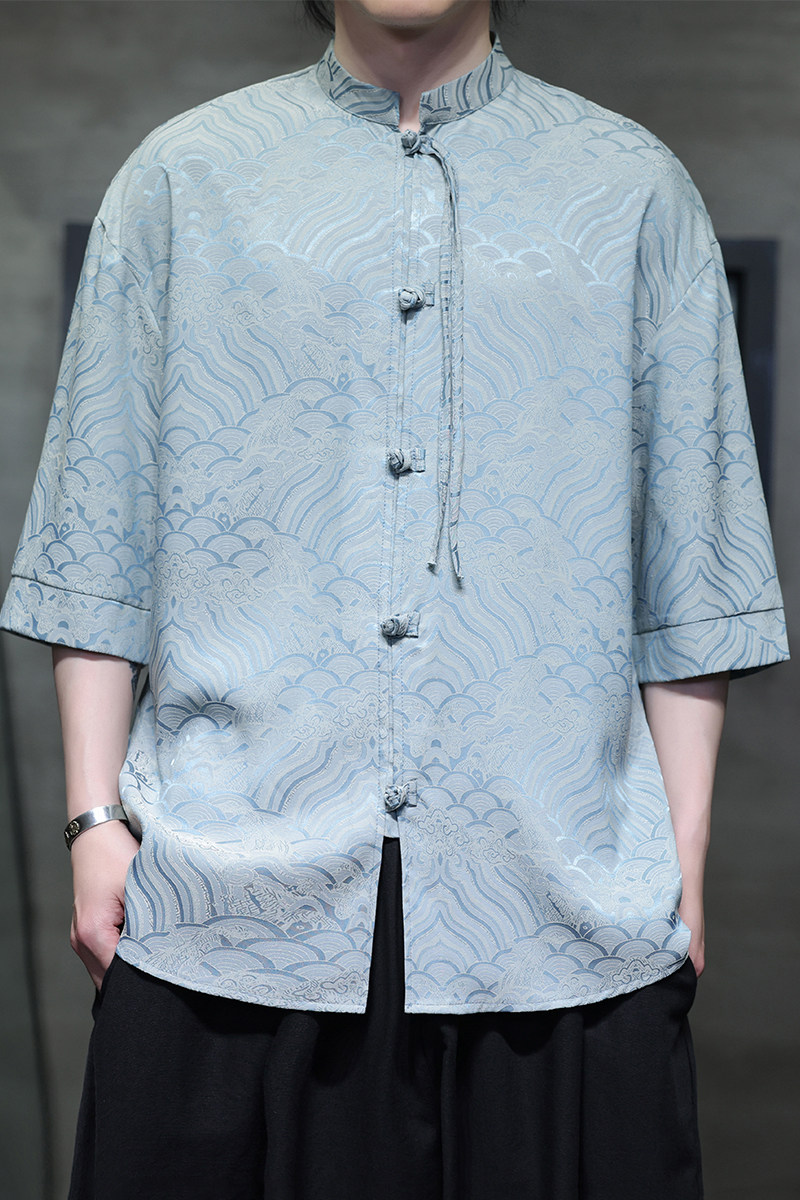 有货夏祥云2026冰丝2色风汉服短袖衬衫/衬衣A665-p65,男装T恤,钱塘7008(原4008)