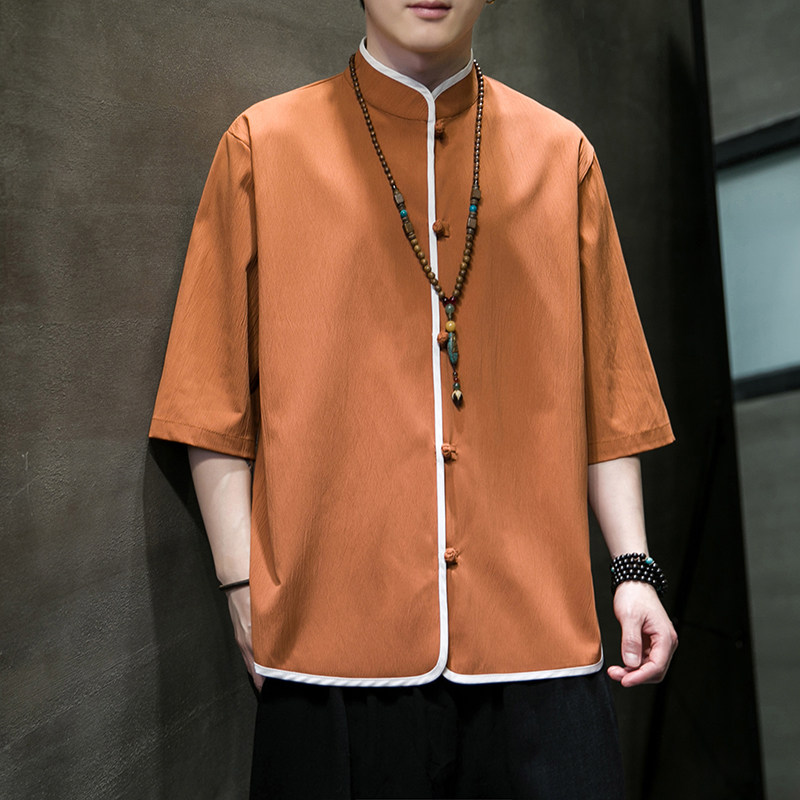 风夏2026现货！包边大码仿麻汉服短袖衬衫/衬衣A860-p55,男装T恤,钱塘7008(原4008)