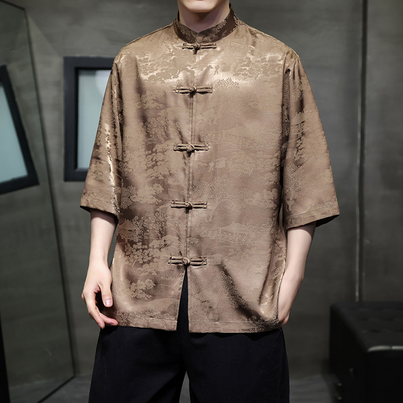 风冰丝面料山水款夏季2026新中式短袖衬衫/衬衣A622*p65,男装T恤,钱塘7008(原4008)