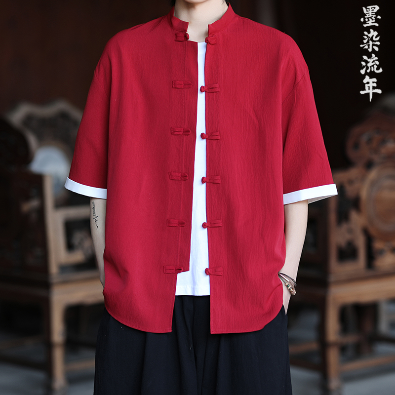 5色夏季2025冰丝抗皱盘扣男短袖衬衫/衬衣A8001*p40，男装T恤，钱塘7008(原4008)