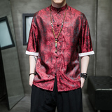 夏新品2025红色冰丝5色风汉服短袖衬衫/衬衣A867-p48，男装衬衫，钱塘7008(原4008)
