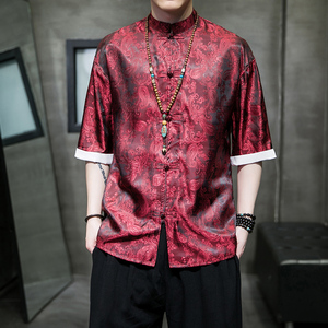 夏新品2025 红色冰丝5色 风 汉服短袖衬衫/衬衣A867-p48图片