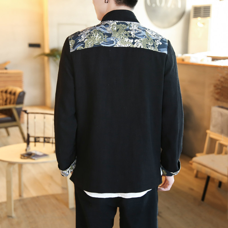 A703中国风大码2021秋冬拼接印花盘扣棉麻汉服套装P115,男装休闲套装,钱塘7008(原4008)