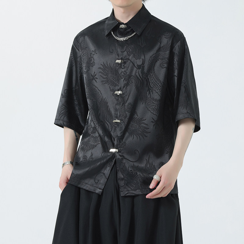 2026夏季龙纹提花丝光免烫金属对扣中性款短袖衬衫A663*P58,男装T恤,钱塘7008(原4008)