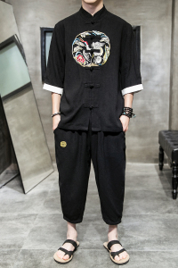 A733*夏2021大码中国风 刺绣款 棉麻盘扣 汉服套装p100图片