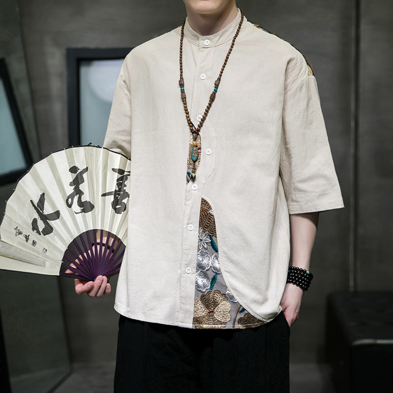 夏2026新中式拼花棉麻风汉服短袖衬衫/衬衣A866-p65,男装T恤,钱塘7008(原4008)