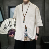 夏2026新中式拼花棉麻风汉服短袖衬衫/衬衣A866-p65，男装T恤，钱塘7008(原4008)