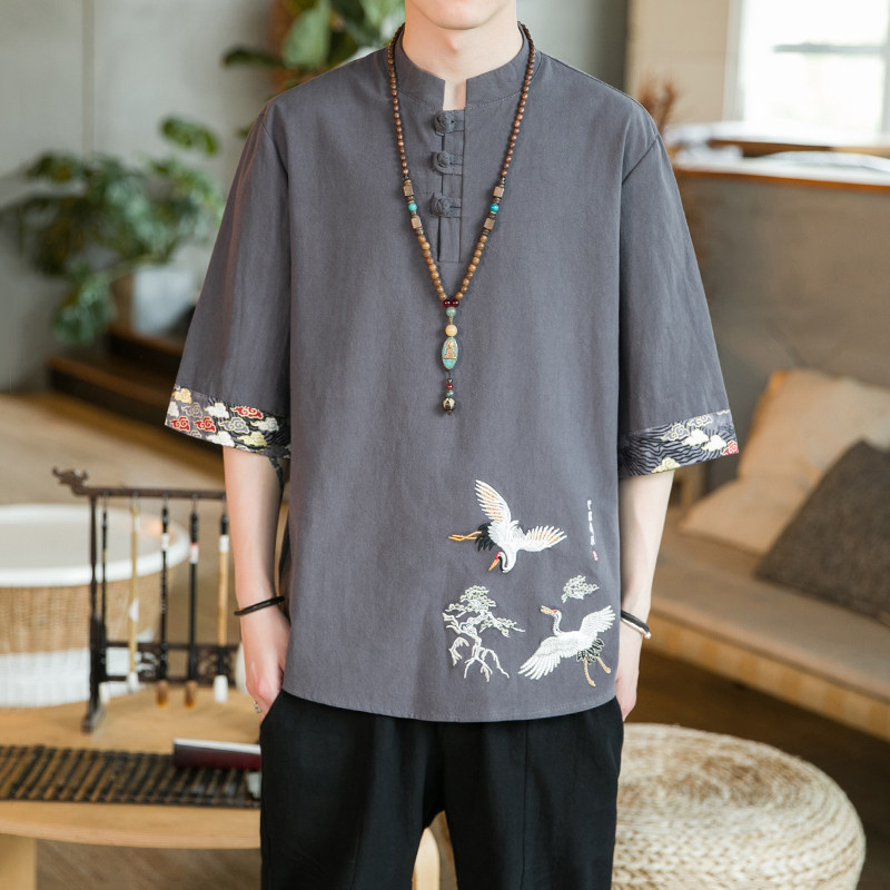 A3022咖啡厅中国风2021夏仙鹤刺绣盘扣设计短袖T恤p55，男装T恤，钱塘7008(原4008)