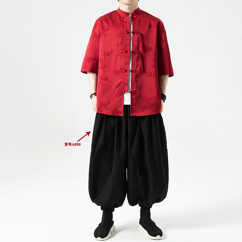 过年大红冰丝竹子夏风2026盘扣短袖汉服衬衫A890-p65,男装T恤,钱塘7008(原4008)