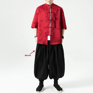 过年大红 冰丝竹子 夏风2026  盘扣 短袖汉服衬衫A890-p65图片