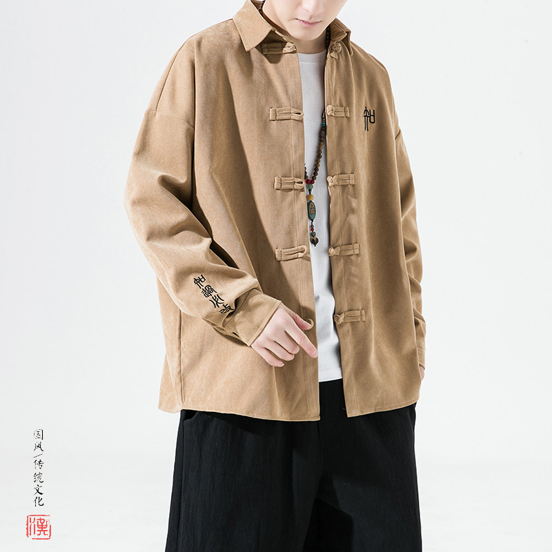 风2026春款刺绣款磨毛汉服盘扣长袖衬衫外套A8005*P65,男装衬衫,钱塘7008(原4008)