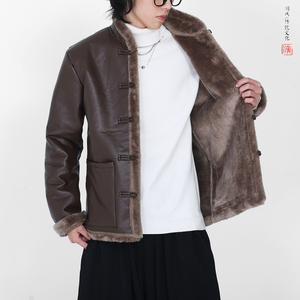 冬2025新中式加绒加厚盘扣外套 保暖PU皮毛一体棉衣外套A526-P148图片