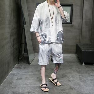 A3029*大码夏季男2021中国风 山水画 沙滩 冰丝面料 汉服套装p80图片