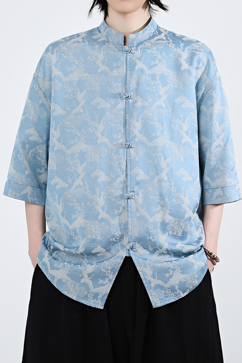 仙鹤提花夏季新品2026风汉服短袖衬衫/衬衣A678-p65,男装T恤,钱塘7008(原4008)