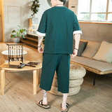 A1028*咖啡厅2021中国风大码新多色短袖T恤+七分裤套装P85，男装休闲套装，钱塘7008(原4008)