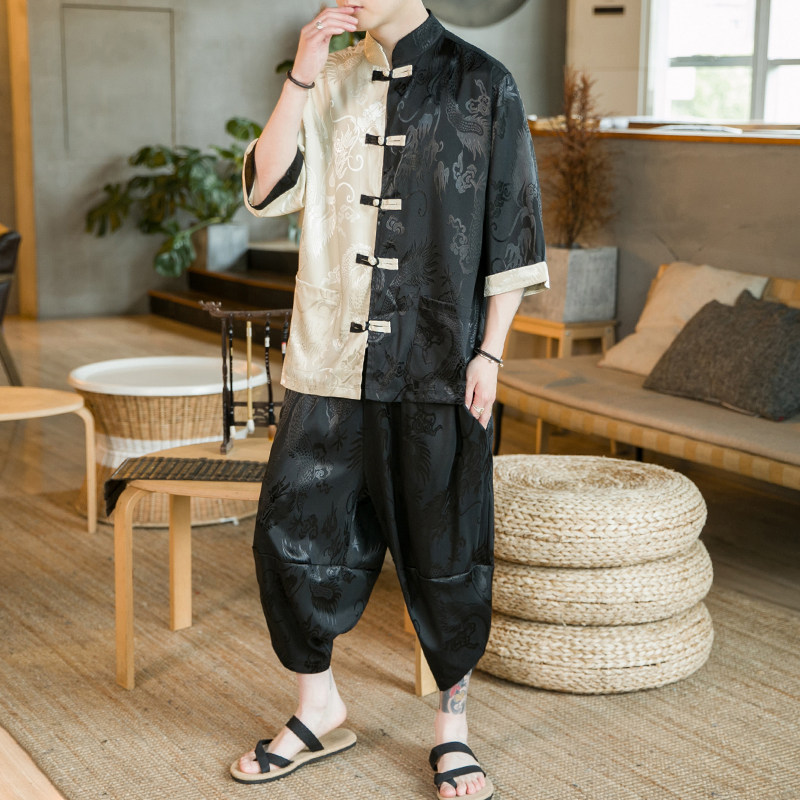 A3019*咖啡厅2021中国风夏季男 大龙面料 冰丝拼色 汉服套装p90图片