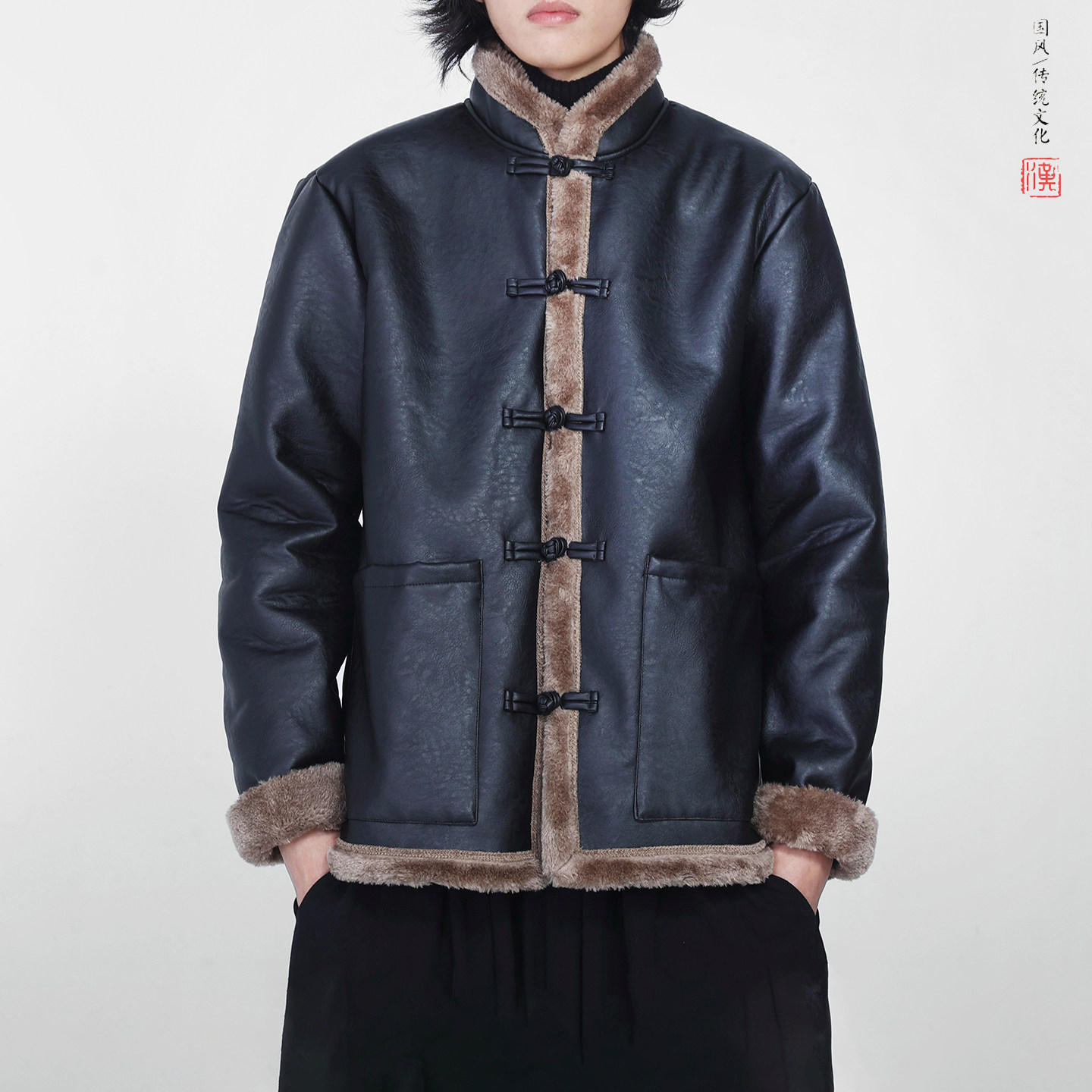 冬2025新中式加绒加厚盘扣外套 保暖PU皮毛一体棉衣外套A526-P148图片