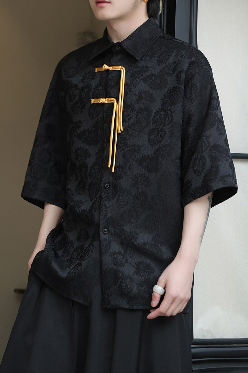 2025夏提花新中式风盘扣团购汉服唐装短袖衬衫A639*P60,男装T恤,钱塘7008(原4008)