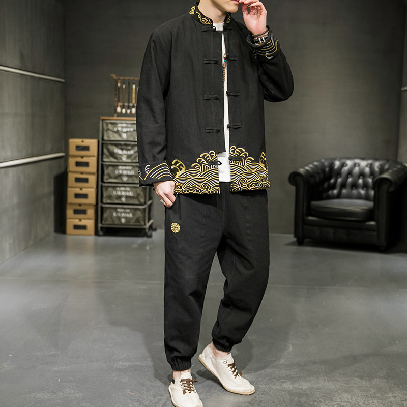 A2029中国风2021春爆款撞色刺绣棉麻汉服套装P125,男装民族服装,钱塘7008(原4008)