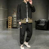 A2029中国风2021春爆款撞色刺绣棉麻汉服套装P125，男装民族服装，钱塘7008(原4008)