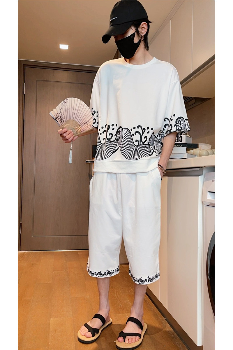 风2026夏季男套装海浪印花针织T恤+七分裤A206-P80,男装牛仔裤,钱塘7008(原4008)
