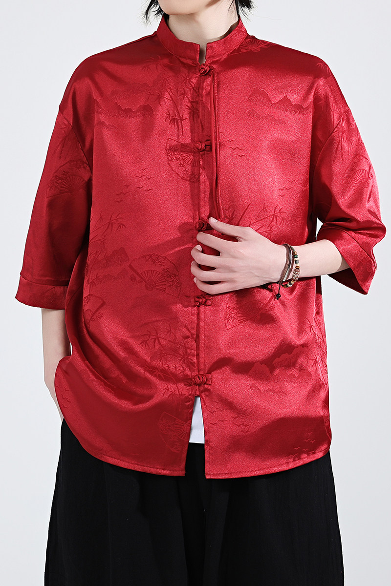 扇子提花夏季新品2025风汉服短袖衬衫/衬衣A679-p65,男装衬衫,钱塘7008(原4008)