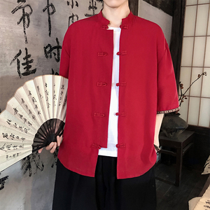 新品夏2026 防皱冰丝3色 风 汉服短袖衬衫/衬衣A670-p60，男装T恤，钱塘7008(原4008)