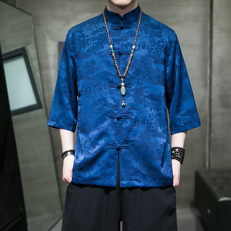 风2026夏现货！山水提花冰丝顺滑短袖衬衫/衬衣A881*p65,男装T恤,钱塘7008(原4008)