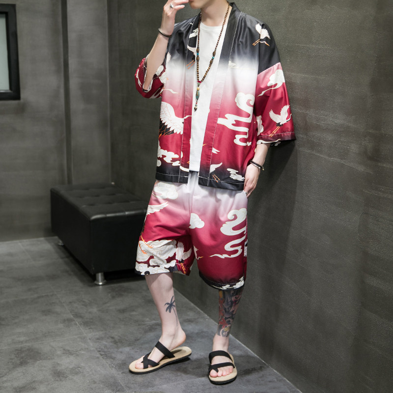 A3028*大码2021中国风 仙鹤 沙滩休闲 冰丝面料 开衫汉服套装p80图片