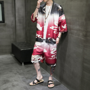 A3028*大码2021中国风 仙鹤 沙滩休闲 冰丝面料 开衫汉服套装p80图片