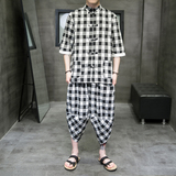 A3025*大码2021中国风棉麻方格子开衫套装汉服套装p95，男装休闲套装，钱塘7008(原4008)