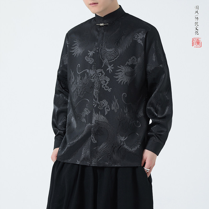 百搭2026春大龙年提花 黑白色 新中式 长袖汉服衬衫A620*P70图片