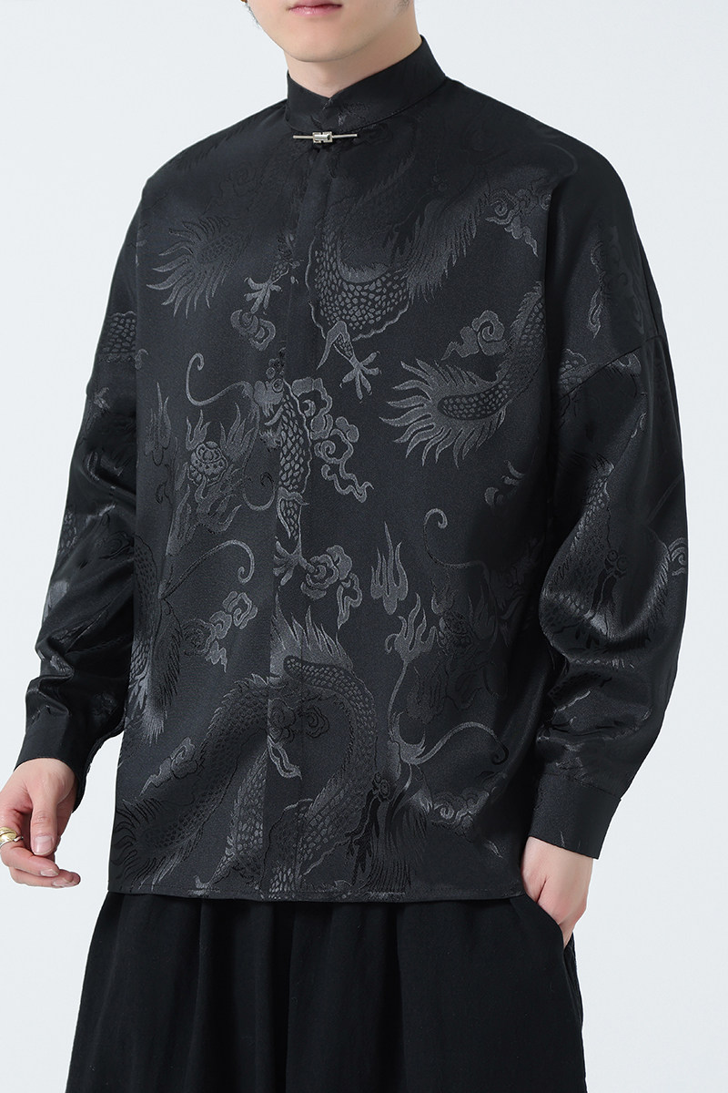 百搭2026春大龙年提花黑白色新中式长袖汉服衬衫A620*P70,男装衬衫,钱塘7008(原4008)