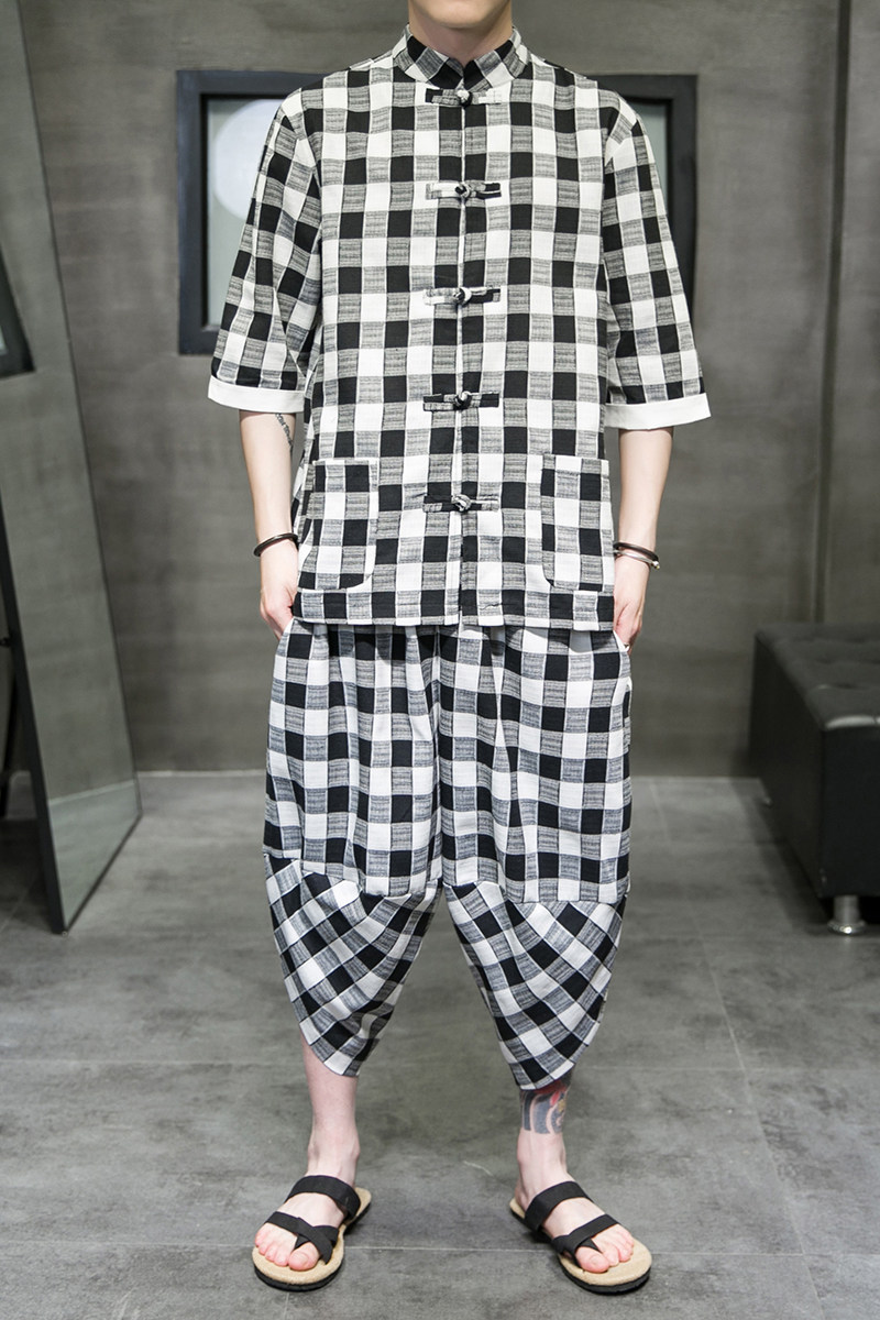 A3025*大码新品2021中国风棉麻格子开衫套装汉服套装p95,男装休闲套装,钱塘7008(原4008)