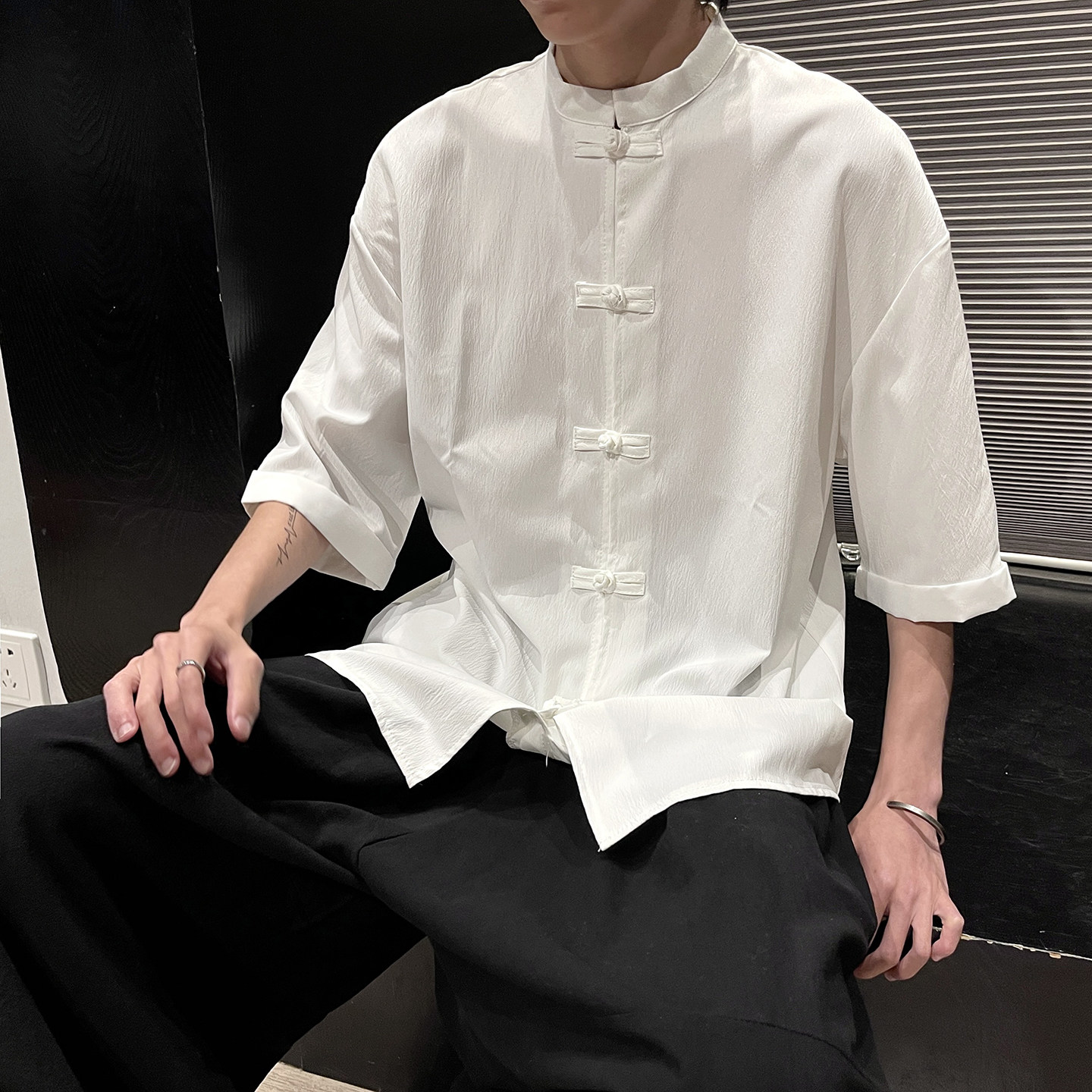 5色夏季2025冰丝抗皱盘扣男短袖衬衫/衬衣A8001*p40,男装T恤,钱塘7008(原4008)