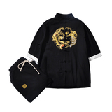 A1040*中国风2021龙凤刺绣棉麻短袖T恤+七分裤套装P100，男装休闲套装，钱塘7008(原4008)