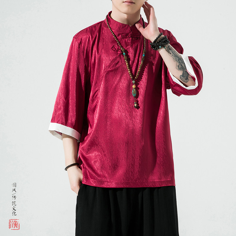 特价风夏2026冰丝抗皱唐装汉服短袖T恤特价A870p35,男装T恤,钱塘7008(原4008)