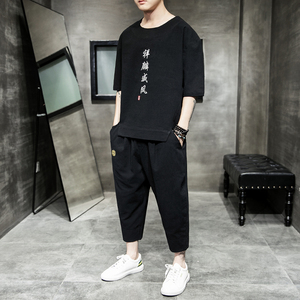 A722*爆款2021夏季 麒麟刺绣棉麻 T恤+七分裤套装P100图片