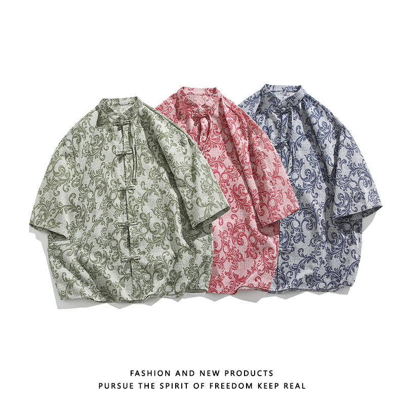 新品夏2025提花3色风汉服短袖衬衫/衬衣A672-p65，男装衬衫，钱塘7008(原4008)